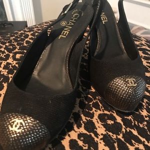 Size 7 Chanel black and gold pumps